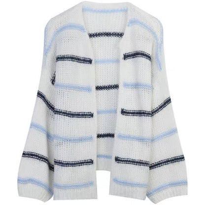 Design Sense Niche Loose Fashionable Versatile Contrast Color Striped Idle Style Knitted Cardigan