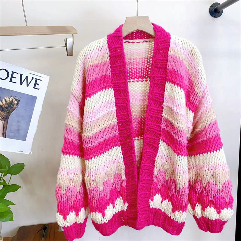 Color Matching Hand-woven Knitting Needle Sweater Outer Wear Cardigan