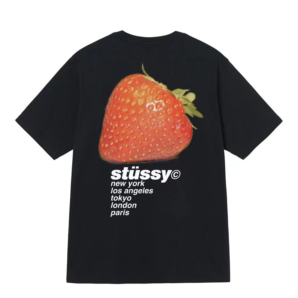 Strawberry Print Round Neck Casual Men's And Women's Cartoon Short Sleeves