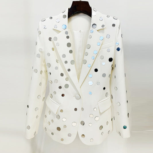 Round Mirror Beaded One Button Suit Jacket Coat