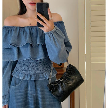 Retro Off-shoulder Waist-controlled Top Large Swing Denim Skirt