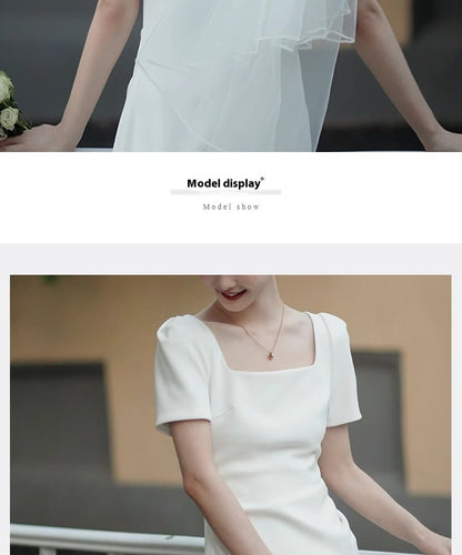 French Square Collar Short Sleeve Light Wedding Elegant Slim Dress