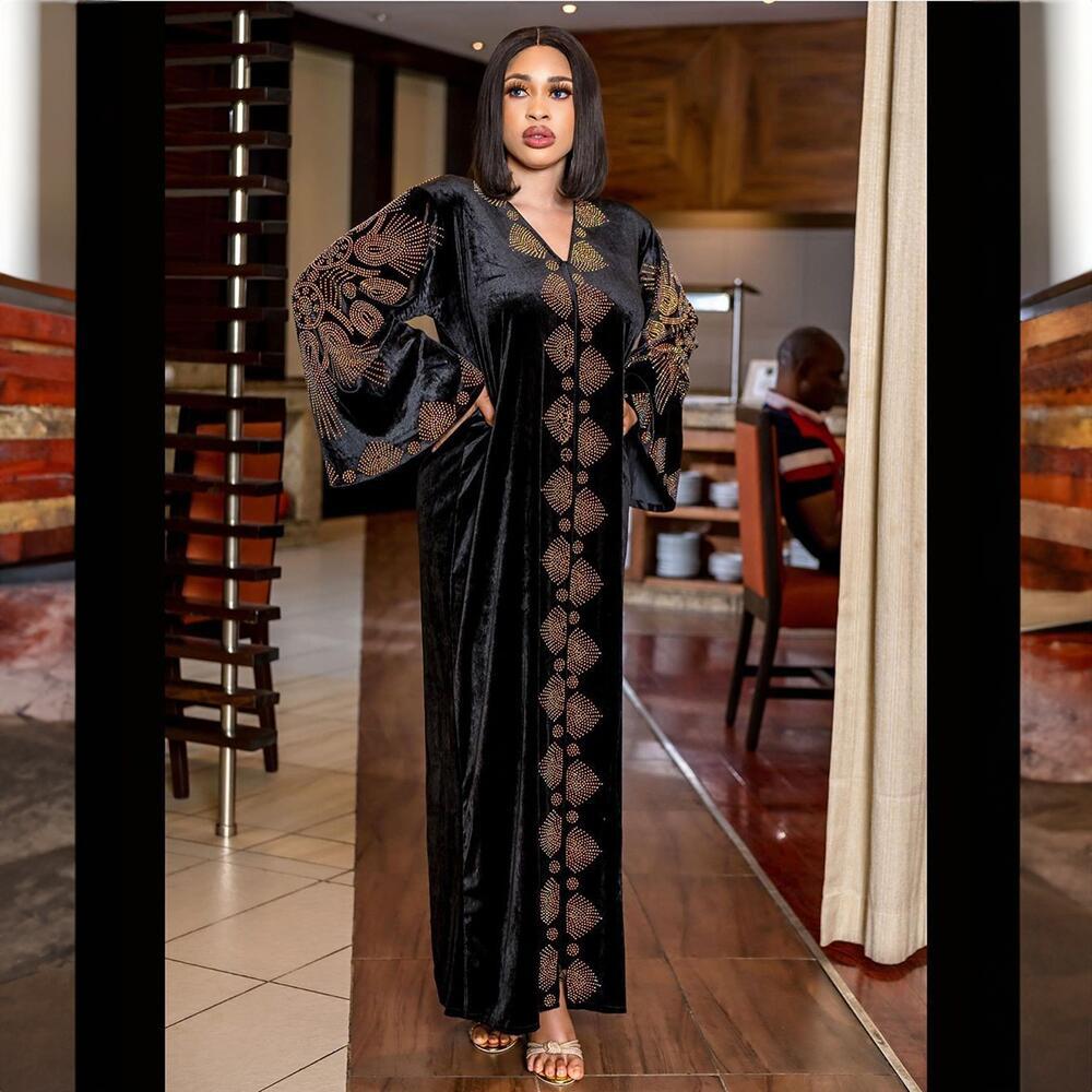 African Women's Wear Dress Fashion Gold Velvet Hot Drilling V-neck Flared Sleeves Robe