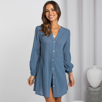 Chemise décontractée mi-longue à la mode pour femmes, coupe cintrée, couleur unie