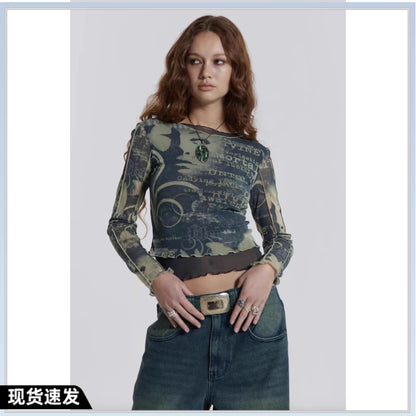 Vintage Print Fake Two-piece Long-sleeved T-shirt Mesh