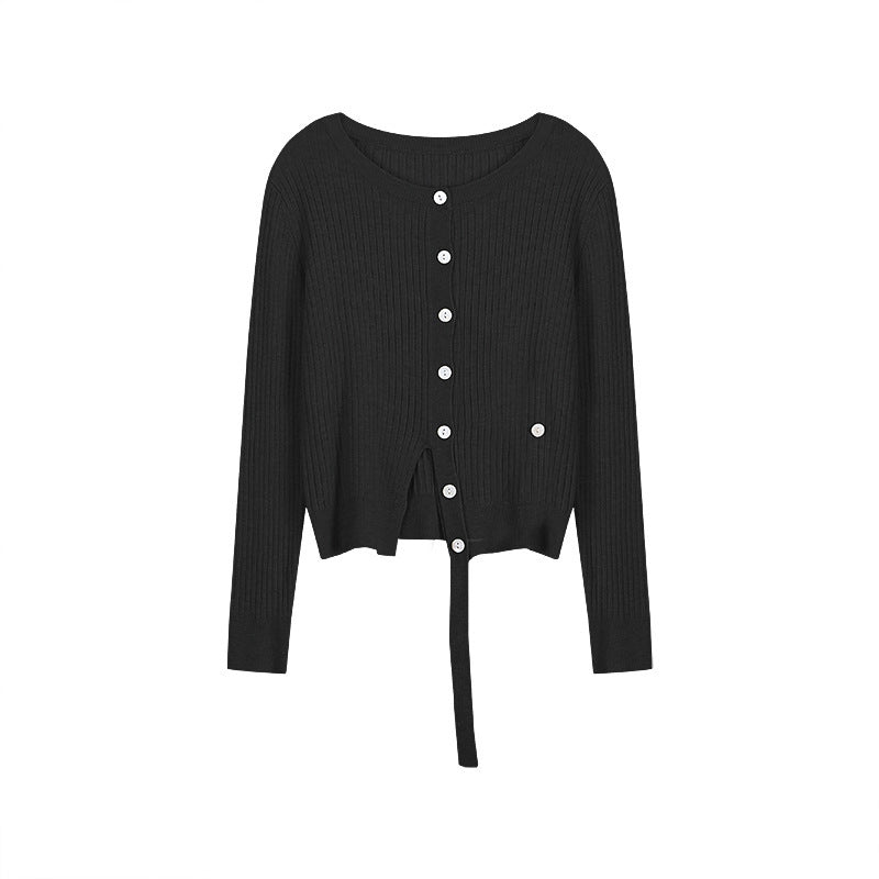 Round Neck Wool Knit Cardigan Women's Design Sense Long-sleeved Top