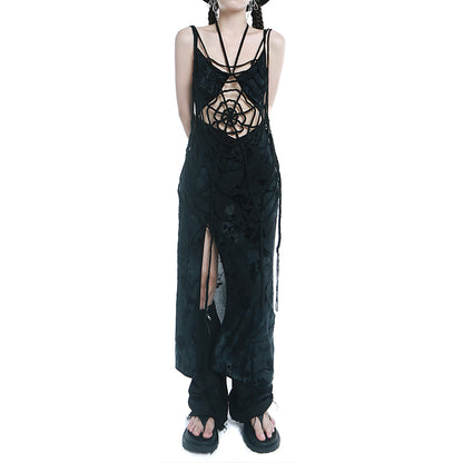 Harajuku Gothic Red Black Spider Web Tassel Hollow Out Long Tank Top