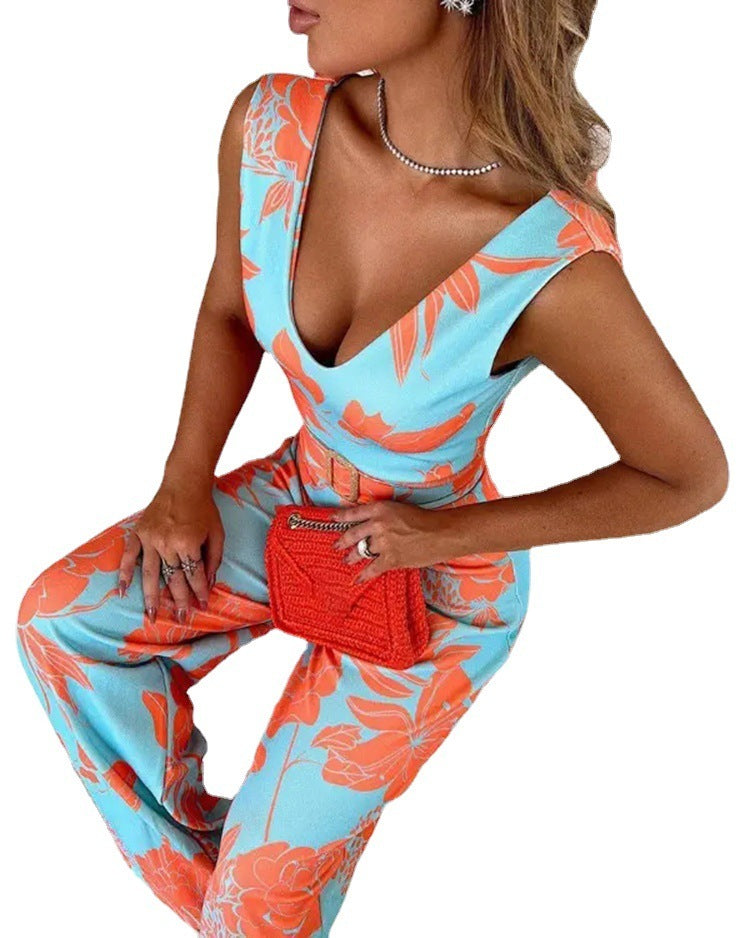 European And American New Women's Printed V-neck Sleeveless Jumpsuit