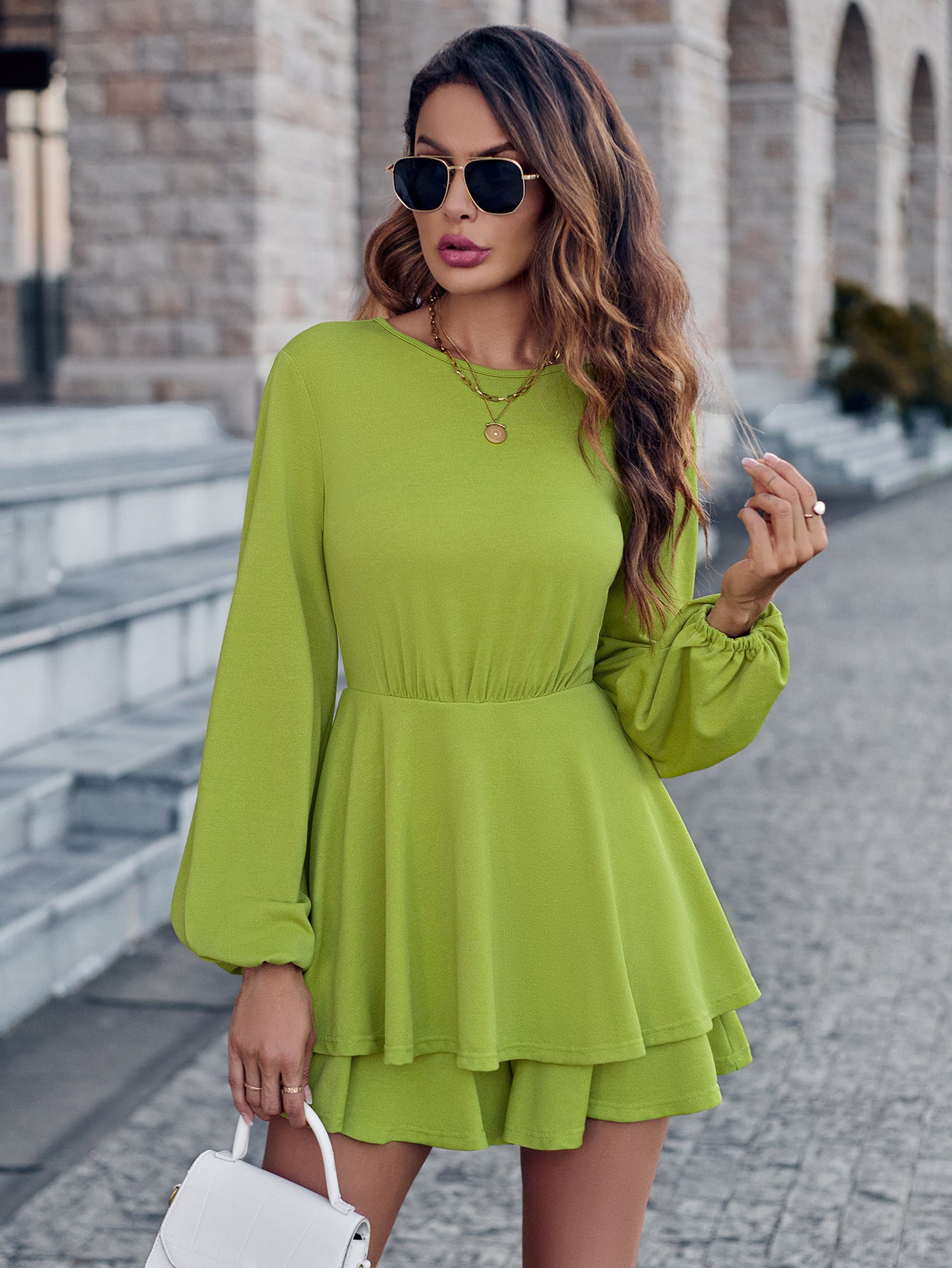 Solid Color Round Neckline Waistband Knitted Long Sleeved Jumpsuit