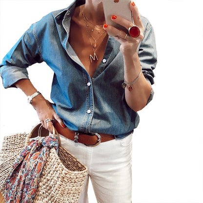 Fall new loose button denim shirt for women