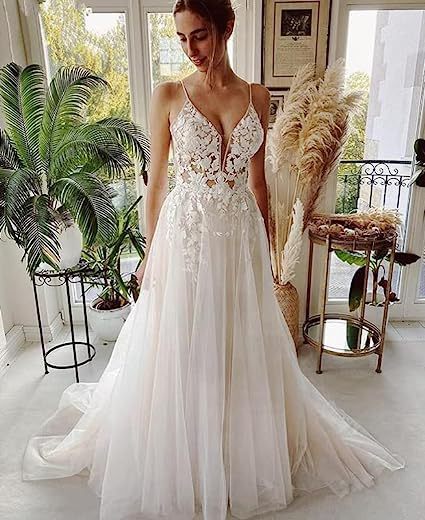 Vestido de novia para mujer con tirantes de encaje sin espalda