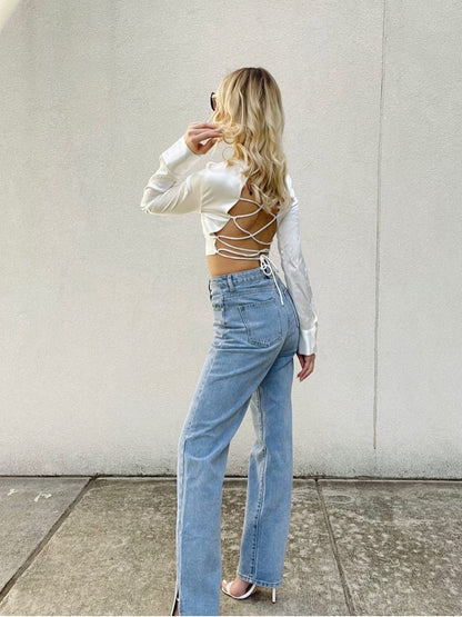 Camisa corta blanca de satén para mujer