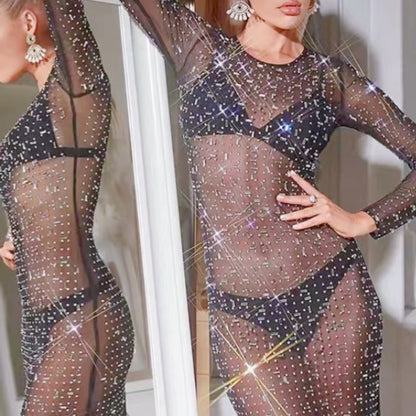 Robe en maille chemisier à manches longues avec strass pour femmes