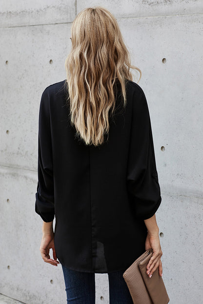 V-Neck Roll-Tab Sleeve Blouse