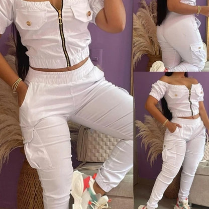 White Off-shoulder Short Sleeve Patch Pocket Top Suit Casual Trousers