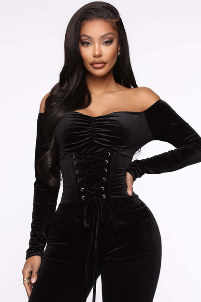 Velvet Off-shoulder Corns Tied Slim Fit Jumpsuit