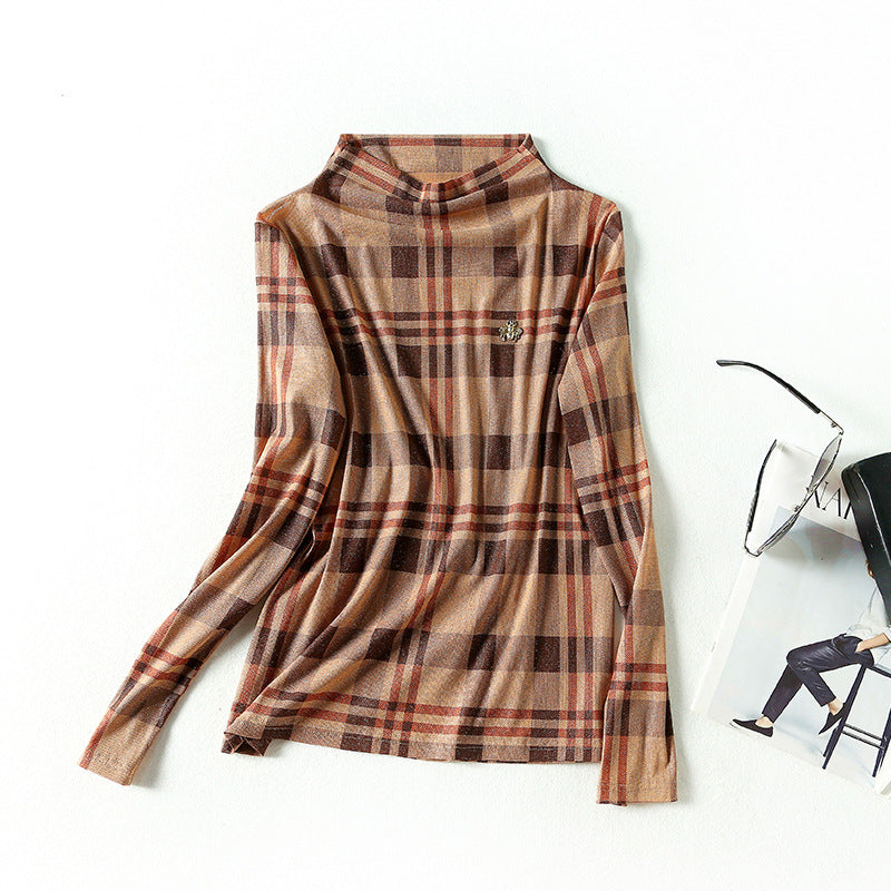 Top high collar long sleeve plaid bottoming shirt