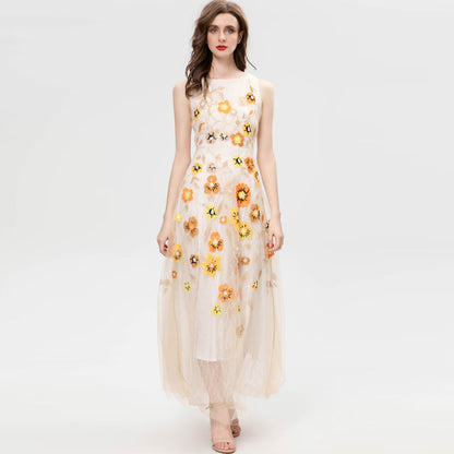 Exquisite Embroidery Floral Sequined Sleeveless Apricot Swing Long Dress