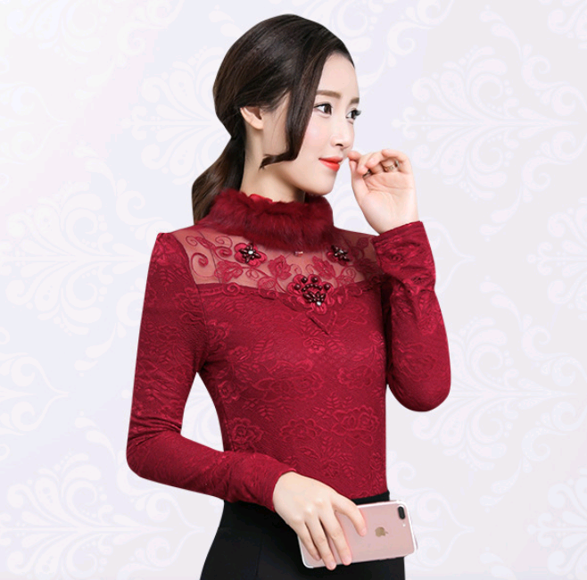 Plus velvet bottoming shirt autumn and winter clothing new fashion lace shirt long-sleeved warm shirt women's small shirt