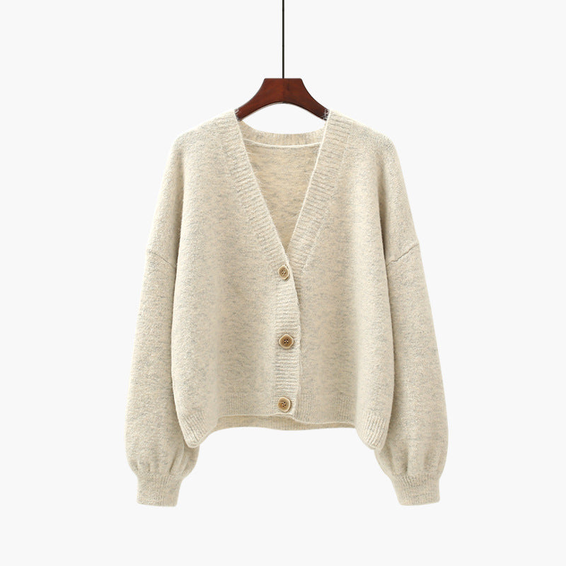 Lantern sleeve V-neck cardigan sweater