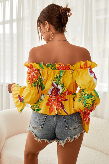 Blouse péplum florale à épaules dénudées et manches à volants