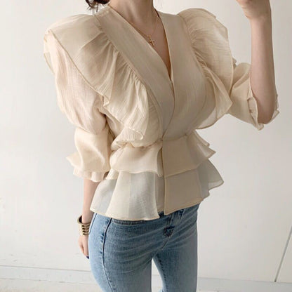 Vintage Hong Kong style ruffled V-neck shirt