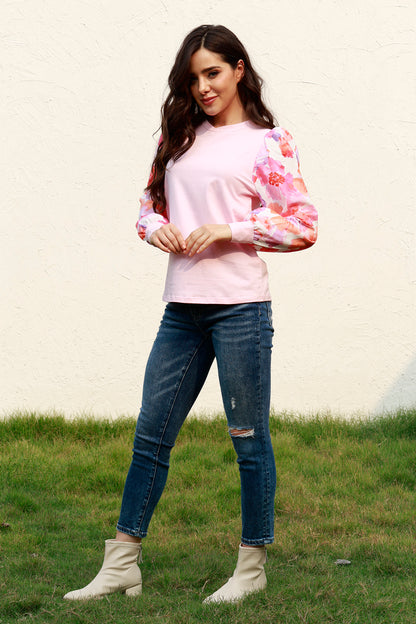 Floral Lantern Sleeve Round Neck Blouse