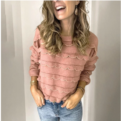 Pull décontracté à col rond de couleur contrastée pour femme