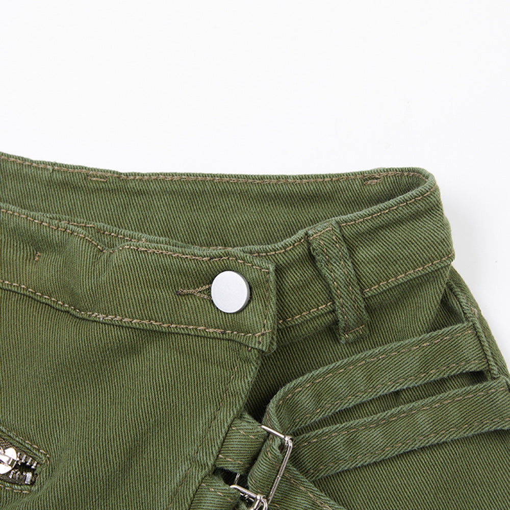 Workwear Denim Shorts Green Belt Loop Decorative Hot Pants