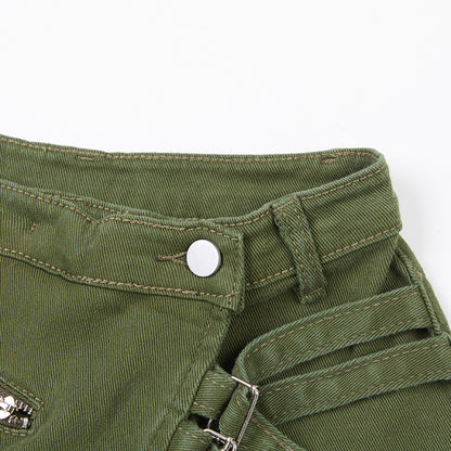 Workwear Denim Shorts Green Belt Loop Decorative Hot Pants