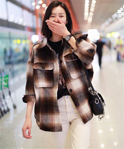 European and American fashion women's loose plaid shirt