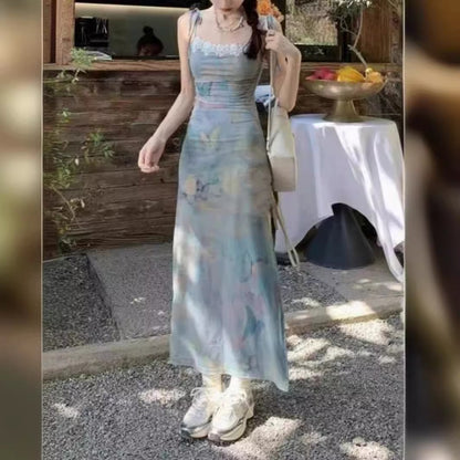 Vestido femenino con tirantes y estampado de pintura al óleo, mariposa, sueño