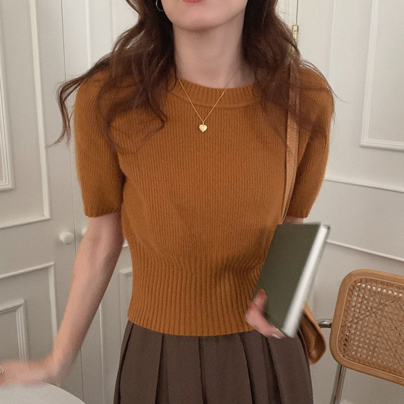 Round Neck Solid Color Bottoming Short Sleeve Knitted Sweater Waist