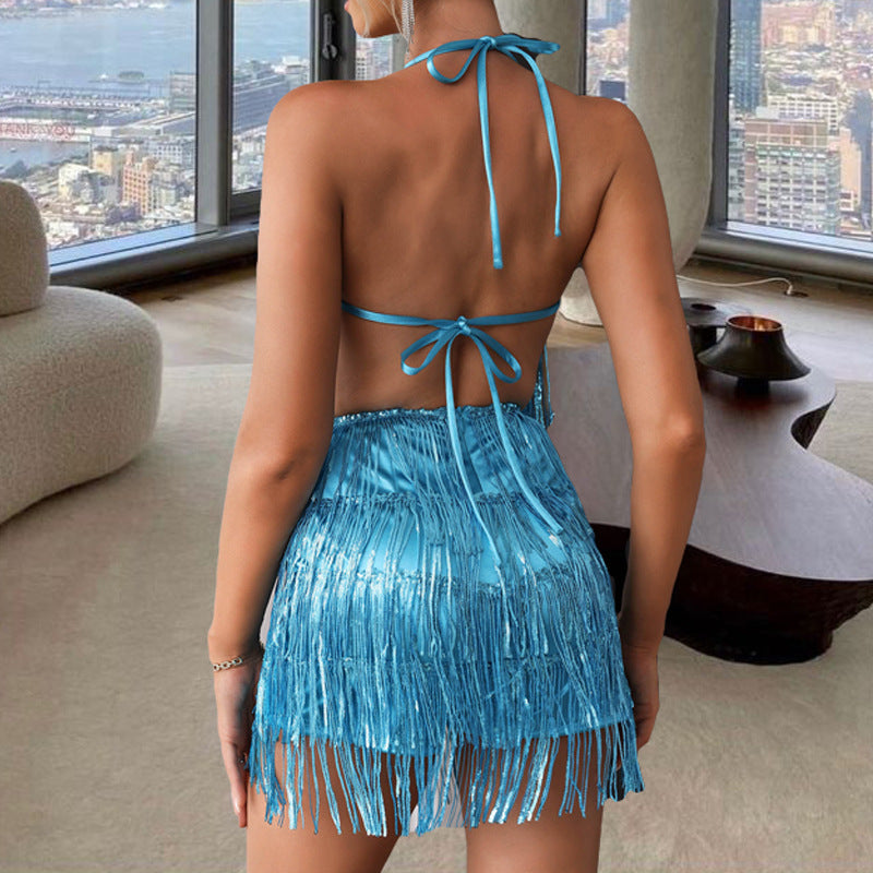 Sexy Night Club Style Suspender Skirt Pants European And American Fashion Backless Sequined Tassel Jumpsuit