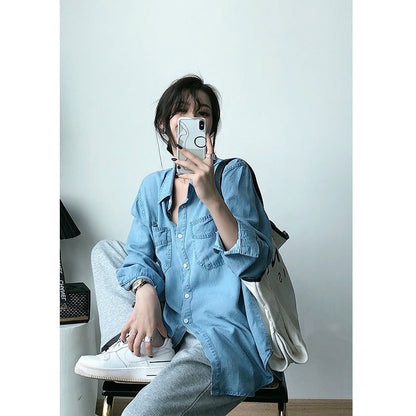 Blue Denim Shirt Women's Spring And Autumn Jacket Retro Hong Kong Flavor