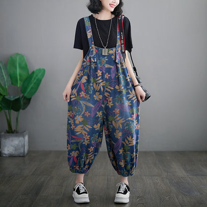 Loose Slimming Slim Fit Printed Cropped Denim Suspender Pants