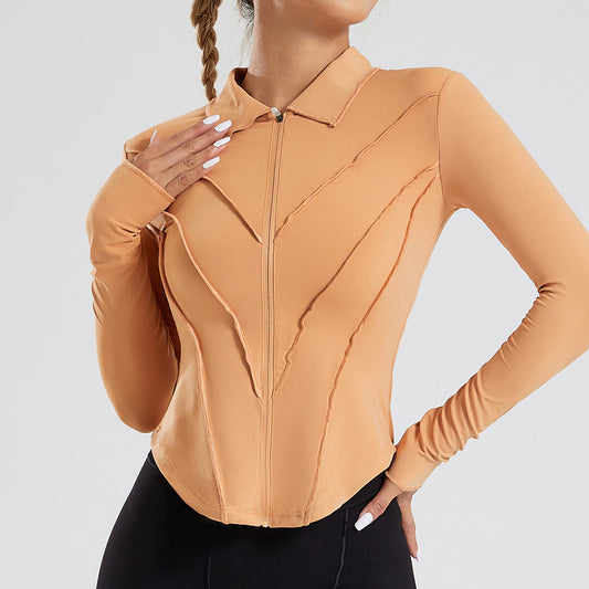 Veste zippée à manches longues pour femmes, vêtements de yoga à revers