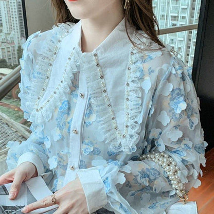 Korean Version Sweet Shirt Female Doll Collar Petals Super Fairy Chiffon Long Sleeves