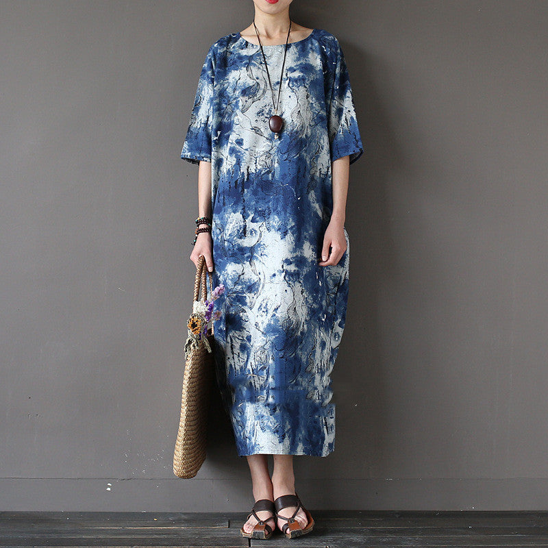 Women's Ink Tie-dyed Cotton And Linen Retro Ethnic Style Loose Dress