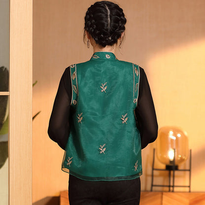 Ruyi Yarn Flower And Bird Embroidered Sleeveless Tang Suit