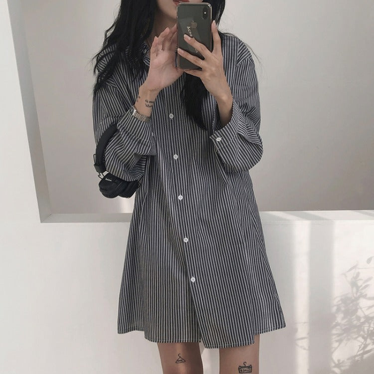 Korean Style Striped Shirt Dress Female Design Sense