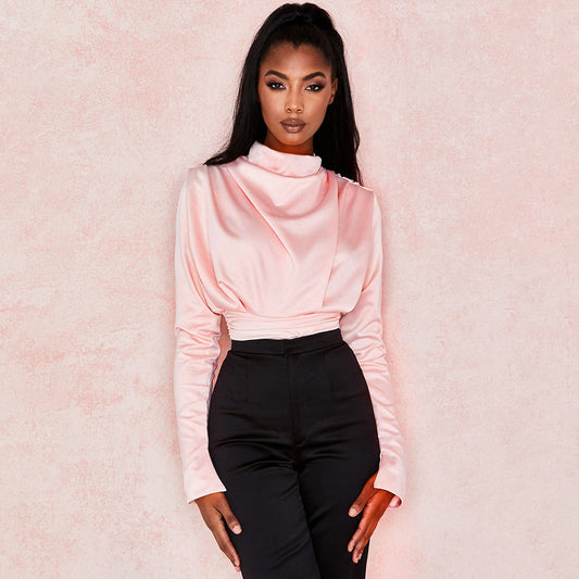 Turtleneck draped black office ladies shirt