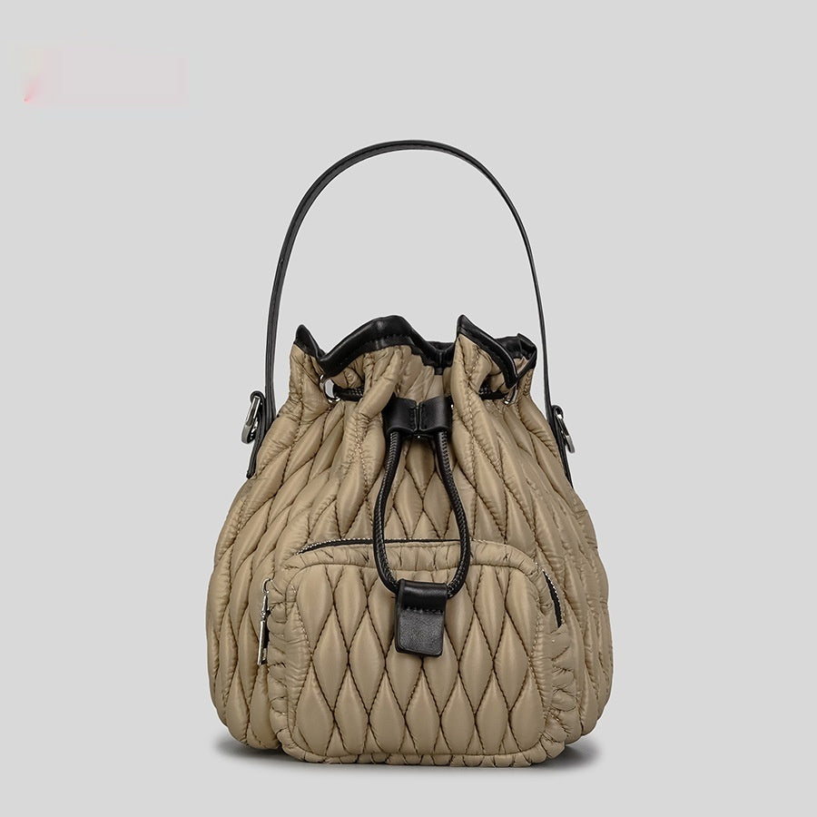 Bolso tipo cubo de nailon para mujer, de algodón, con forma de rombo y cordón para el hombro, con nicho de algodón y plisado