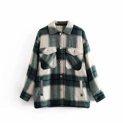 Lazy style lapel classic plaid tweed loose shirt jacket