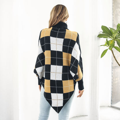 Manteau pull cape en jacquard à carreaux mi-long pour femme