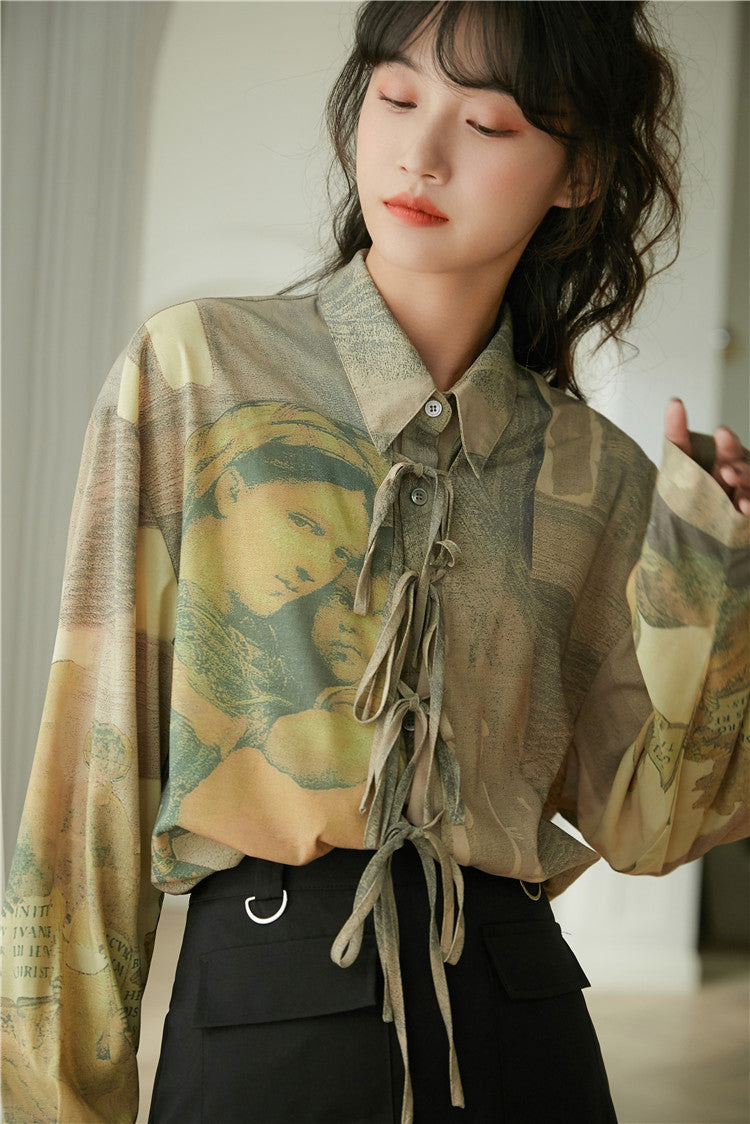 Retro Oil Painting Style Long-sleeved Shirt With Bow