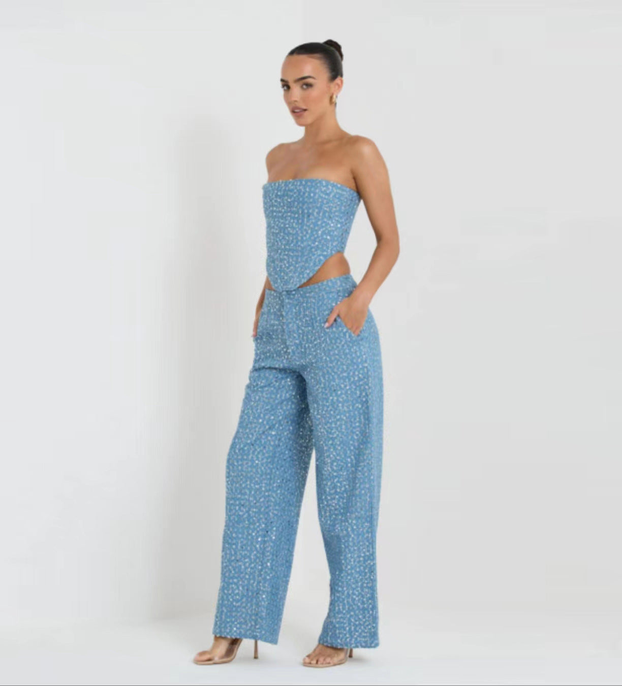 Costume de pantalon à jambes larges en jean à paillettes à la mode