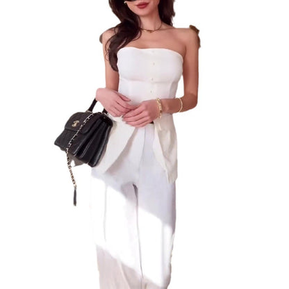 Off-neck Tube Top Split Top With High Waist Straight-leg Pants Hot Suit