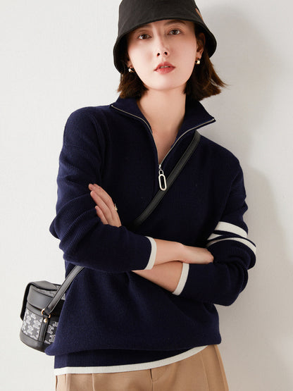 Knit Sweater Women Loose Pullover High Collar 7 Color Block Zipper 7 Coat