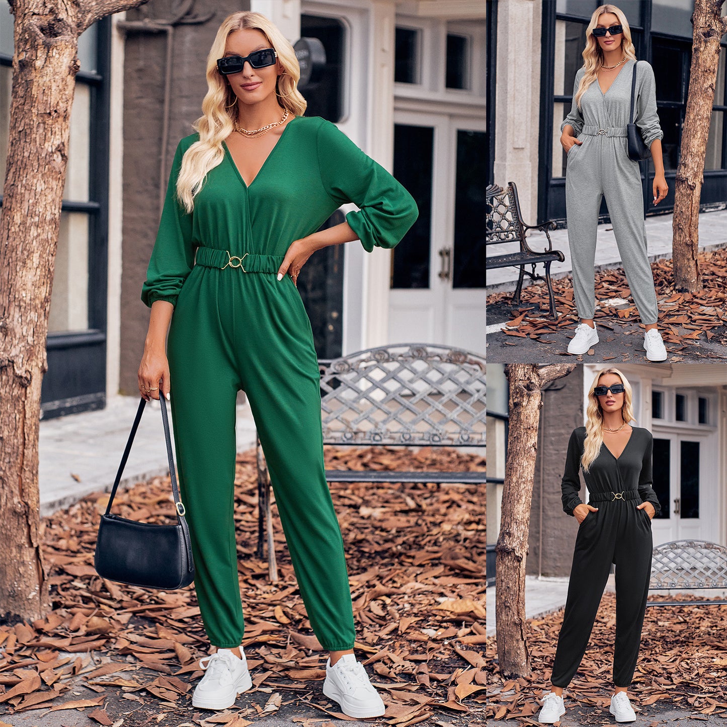 Women's V-neck Long-sleeved Belt Jumpsuit